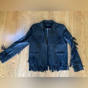 Nili Lotan black fringe leather jacket size 6